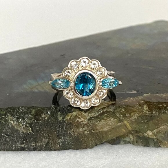 Sterling Silver 925 Blue White Topaz Multi Gemstone Stone Floral Ring Sz 6.75 - Picture 16 of 16